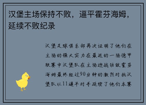 汉堡主场保持不败，逼平霍芬海姆，延续不败纪录